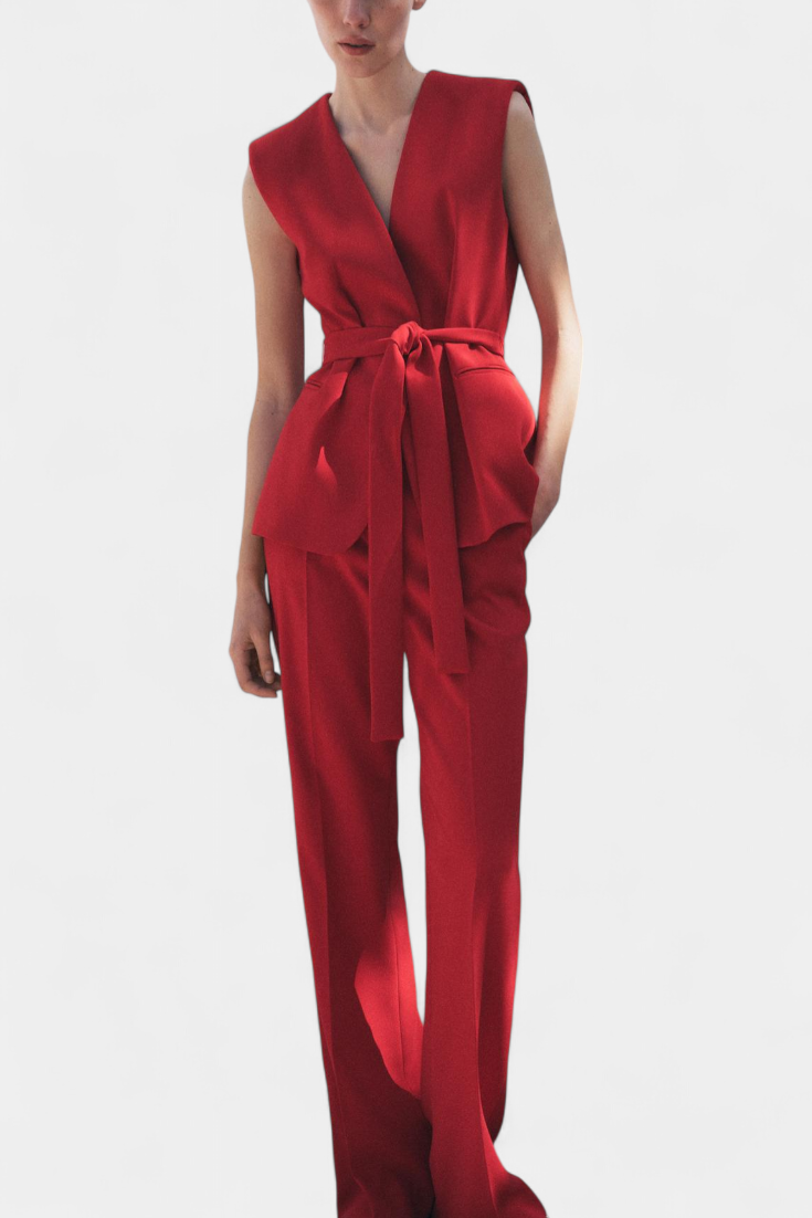 Carlen Ensemble Gilet Ceinturé et Pantalon Jambe Large