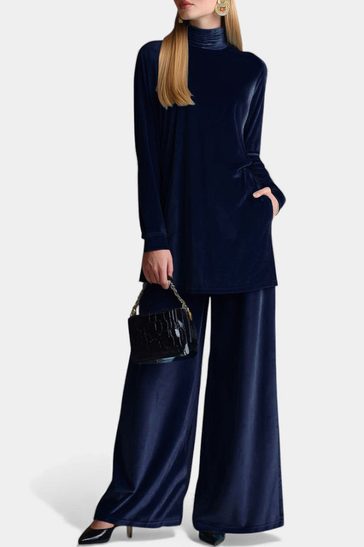 Tifenn Ensemble Haut et Pantalon Fendu en Velours à Col Montant