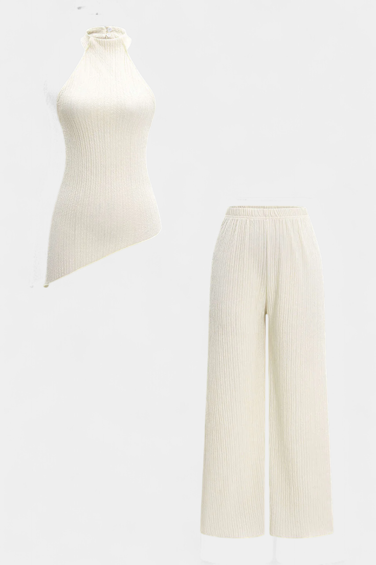 Pilarica Ensemble Top Halter Asymétrique et Pantalon à Jambes Larges