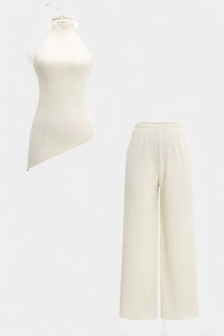 Pilarica Ensemble Top Halter Asymétrique et Pantalon à Jambes Larges