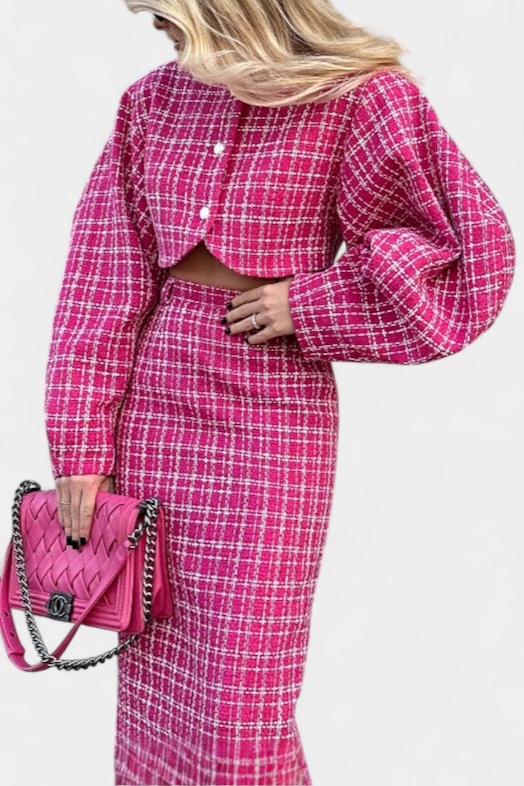 Frankie Ensemble Blazer et Jupe en Tweed à Carreaux