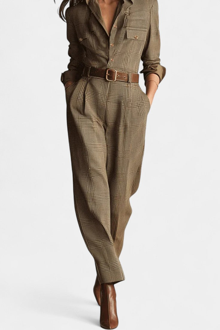 Cali Combinaison en Tweed à Carreaux Marron et Taille Ceinturée