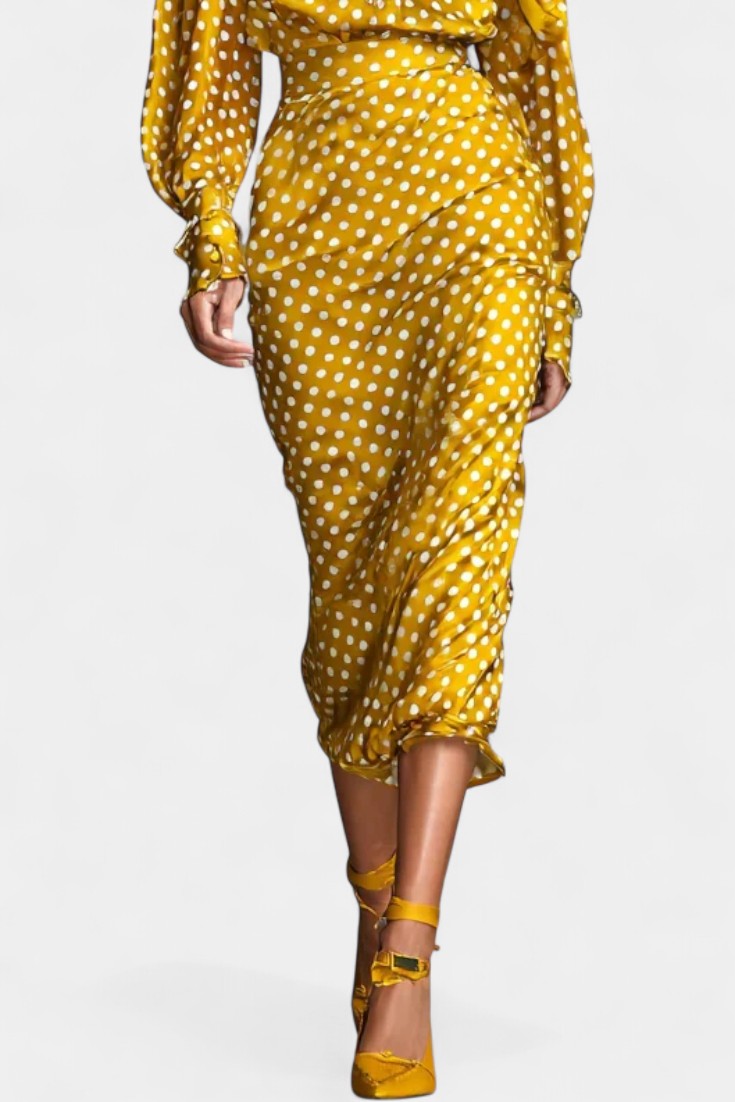 Seranya Ensemble en Satin à Imprimé à Pois et Jupe Midi Coordonnée