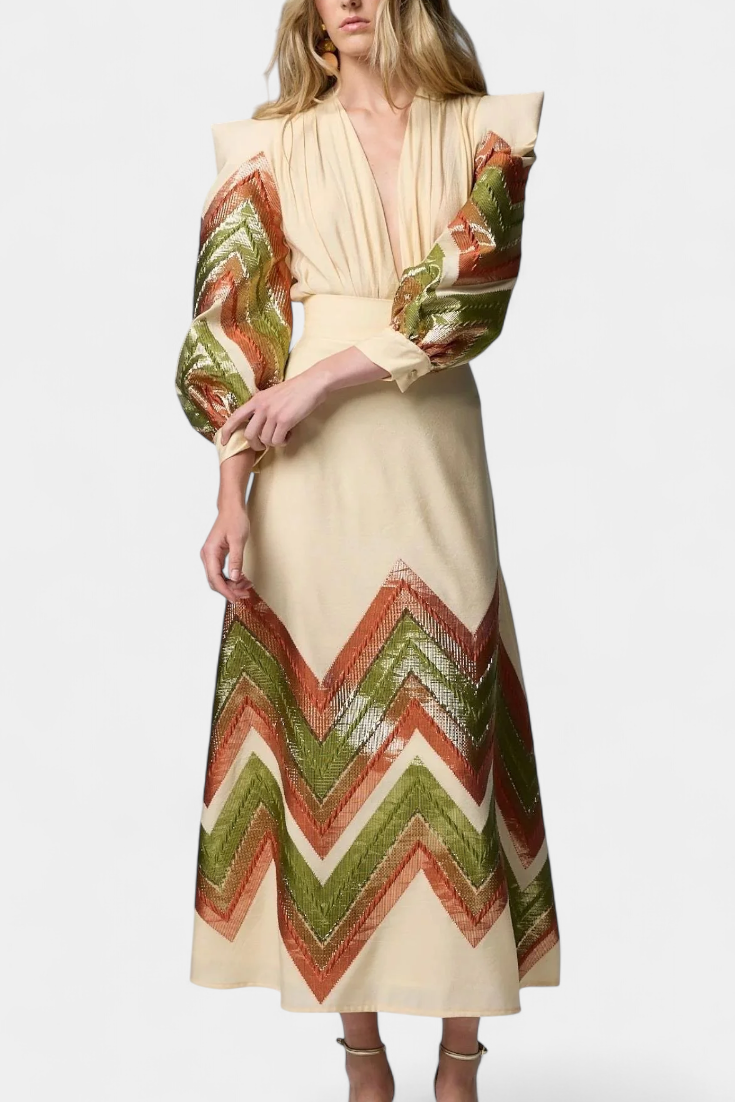 Avenza Ensemble Body à Manches Bouffantes et Jupe Midi à Motif Chevron