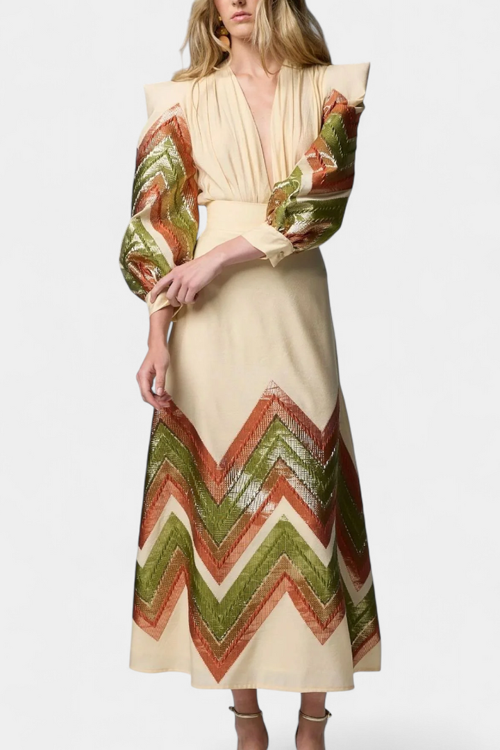 Avenza Ensemble Body à Manches Bouffantes et Jupe Midi à Motif Chevron