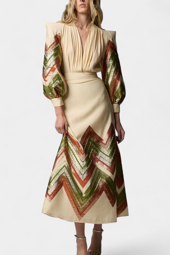 Avenza Ensemble Body à Manches Bouffantes et Jupe Midi à Motif Chevron
