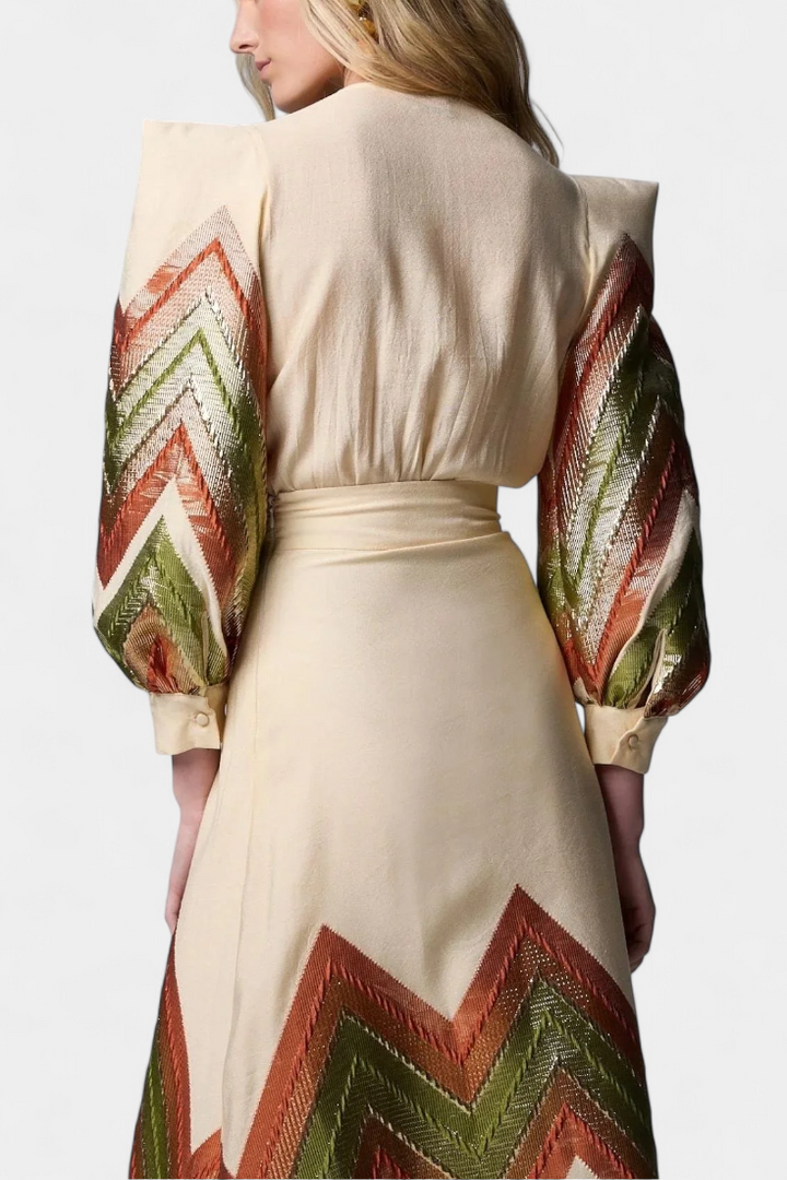 Avenza Ensemble Body à Manches Bouffantes et Jupe Midi à Motif Chevron