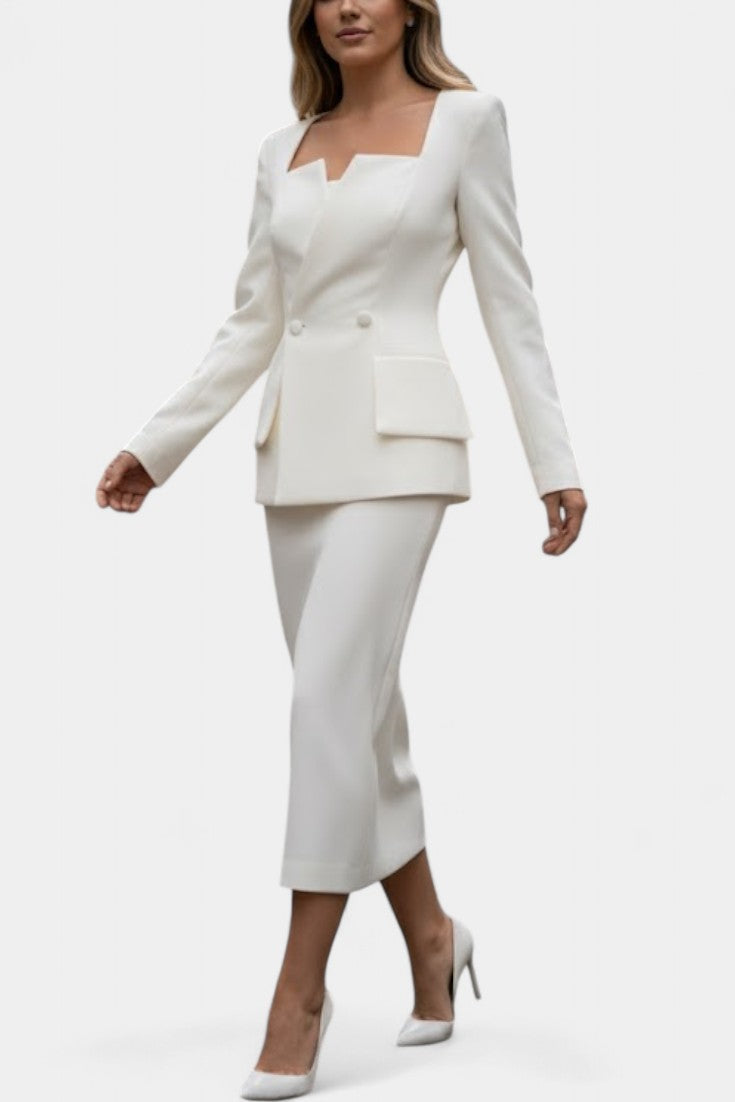 Édiline Ensemble Blazer à Col Carré et Jupe Longue