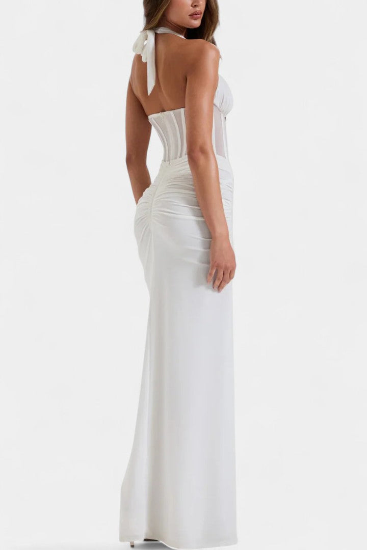 Angelina Ensemble Corset Halter en Maille et Jupe Maxi Froncée