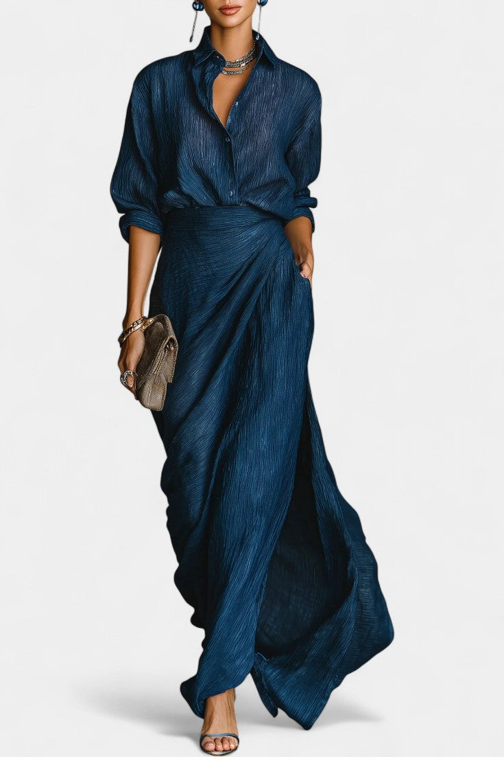 Ziya Ensemble Bleu Foncé à Chemise Légère et Jupe Maxi Fluide