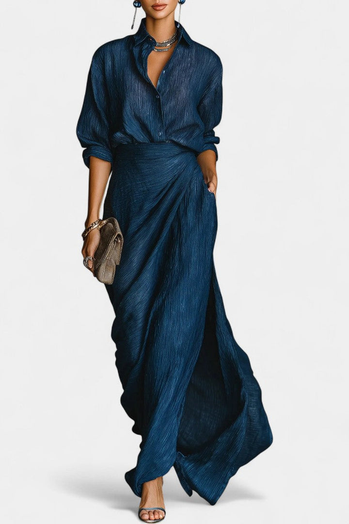 Ziya Ensemble Bleu Foncé à Chemise Légère et Jupe Maxi Fluide