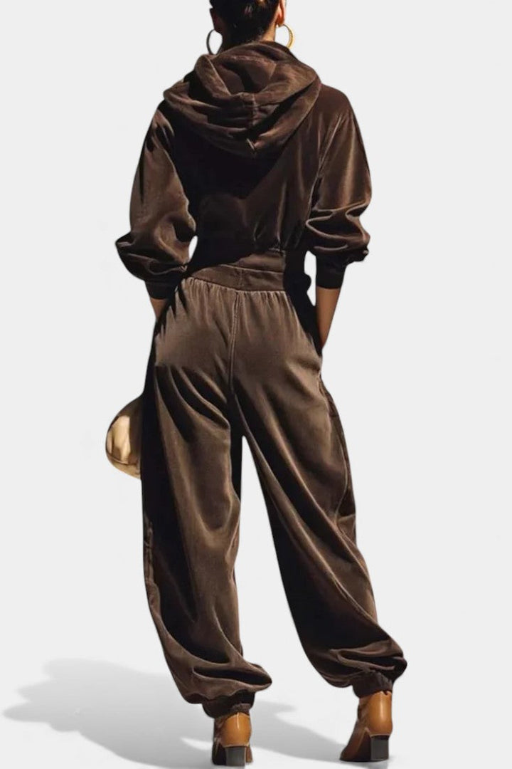Riana Ensemble à Capuche et Pantalon Ample en Velours Brun Vintage