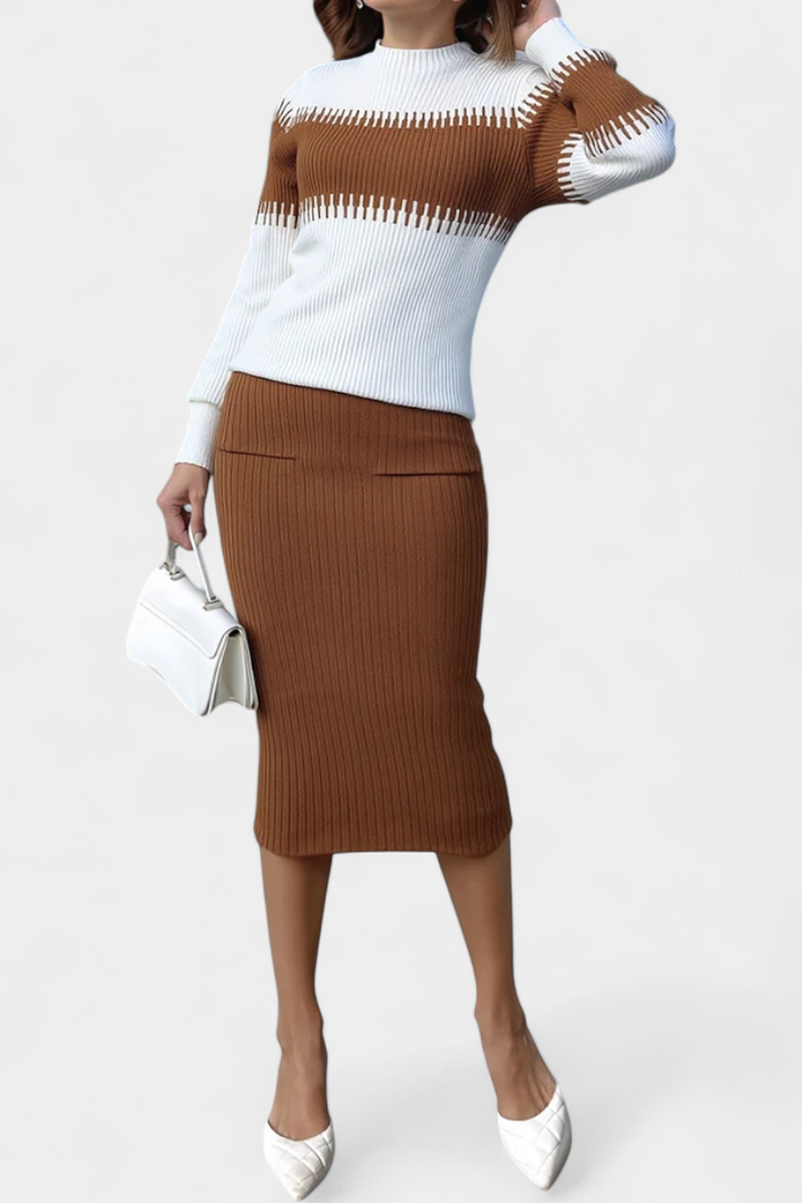 Sidonie Ensemble Robe Pull Midi Bicolore à Manches Longues