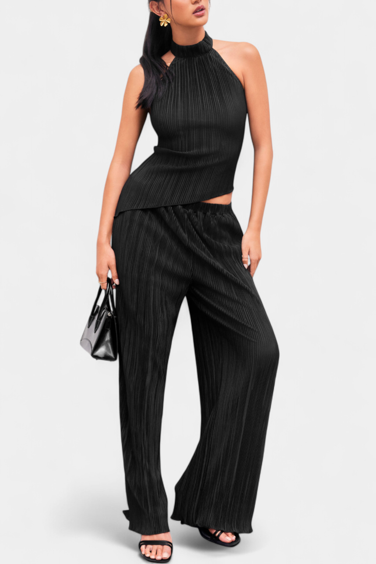 Pilarica Ensemble Top Halter Asymétrique et Pantalon à Jambes Larges