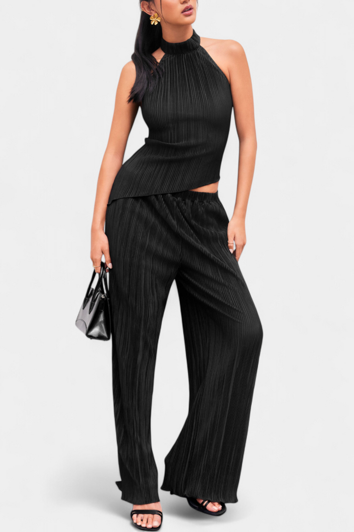 Pilarica Ensemble Top Halter Asymétrique et Pantalon à Jambes Larges