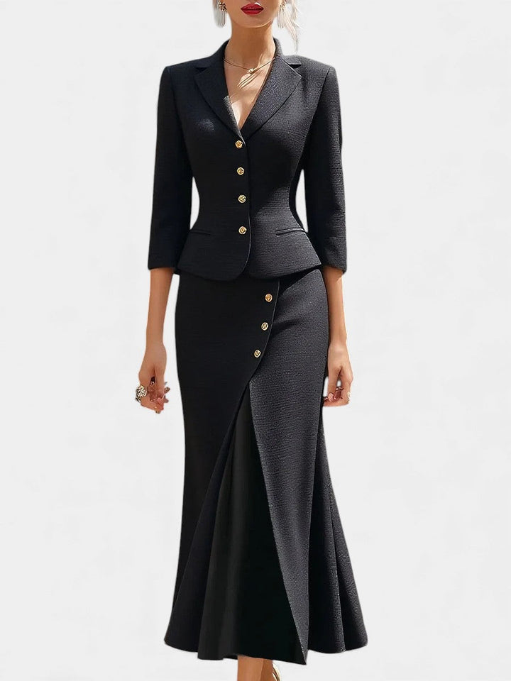 Natalina Ensemble Tailleur Écru Élégant à Jupe Longue Croisée