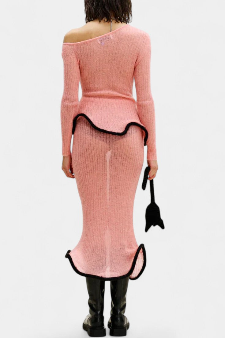 Stormi Ensemble Asymétrique en Tricot à Bords Volants et Jupe Midi Miroitée