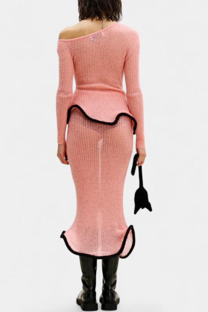 Stormi Ensemble Asymétrique en Tricot à Bords Volants et Jupe Midi Miroitée