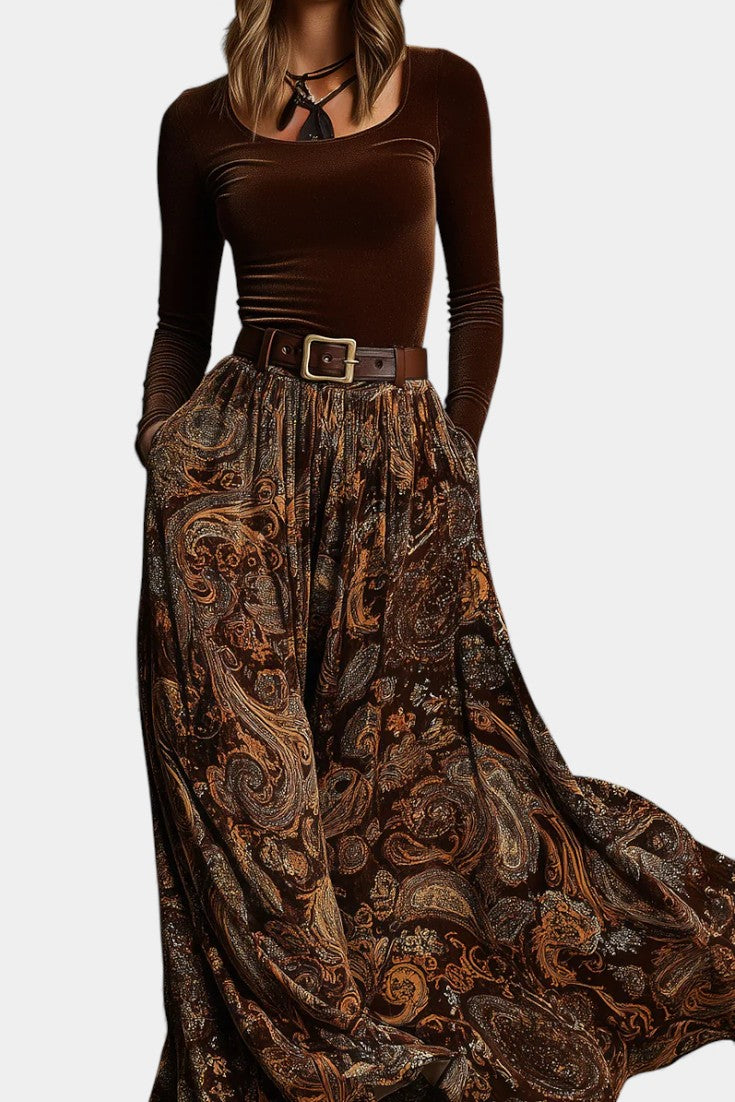 Liliya Ensemble Vintage en Velours Élastique & Jupe Maxi Imprimée Paisley