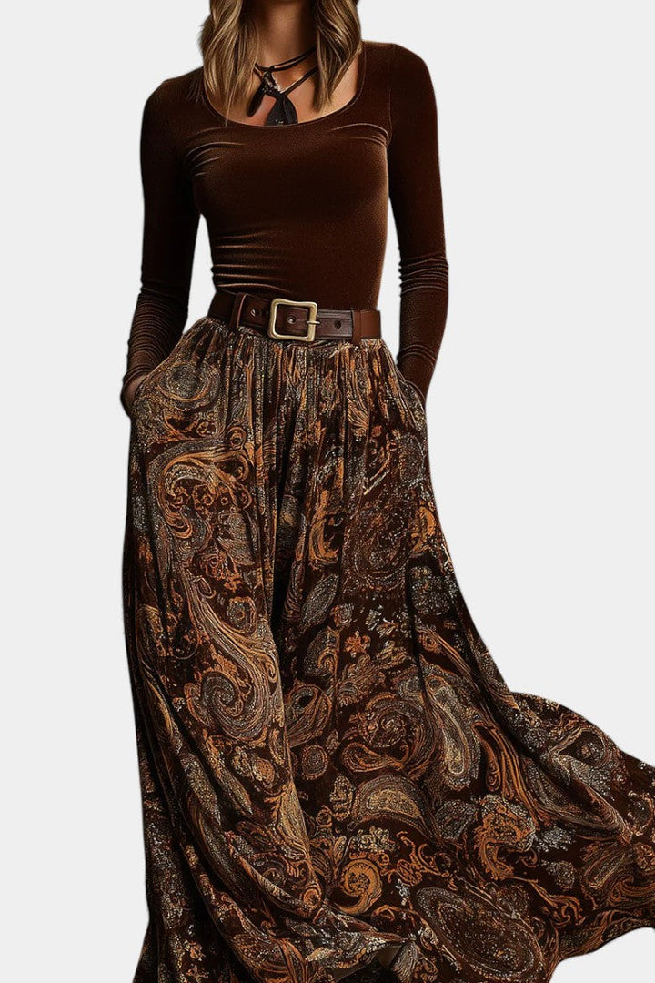 Liliya Ensemble Vintage en Velours Élastique & Jupe Maxi Imprimée Paisley