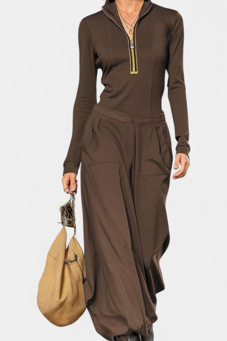 Azélina Ensemble Gris Foncé à Col Montant et Pantalons Amples
