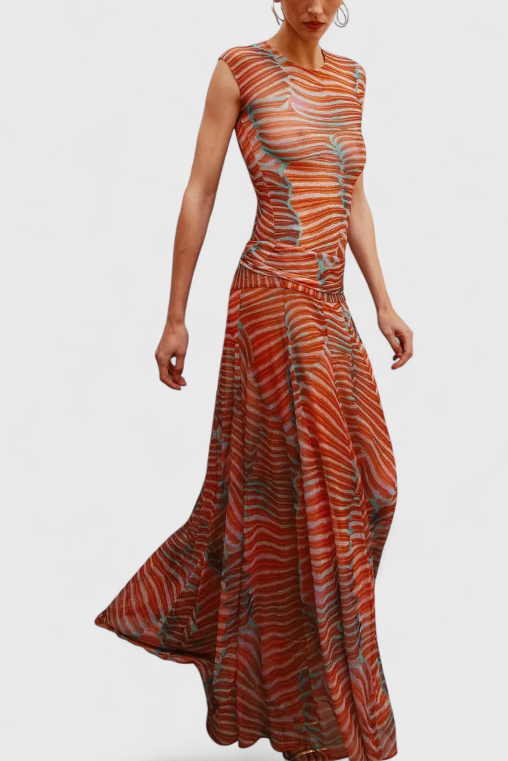 Silvina Ensemble en Maille à Imprimé Vagues Psychédéliques et Jupe Midi Fluide