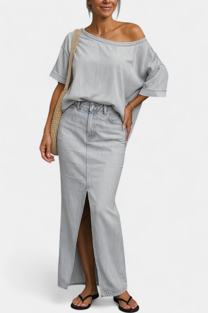 Apolonia Ensemble Asymétrique en Denim Structuré et Jupe Longue