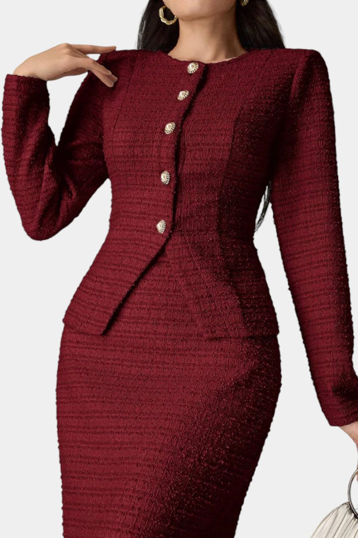 Véronique Ensemble Deux Pièces en Tweed – Blouse Col Rond et Jupe Midi Sirène