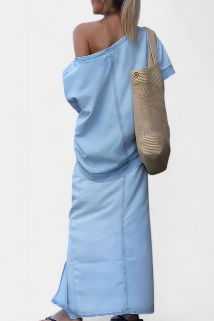 Apolonia Ensemble Asymétrique en Denim Structuré et Jupe Longue