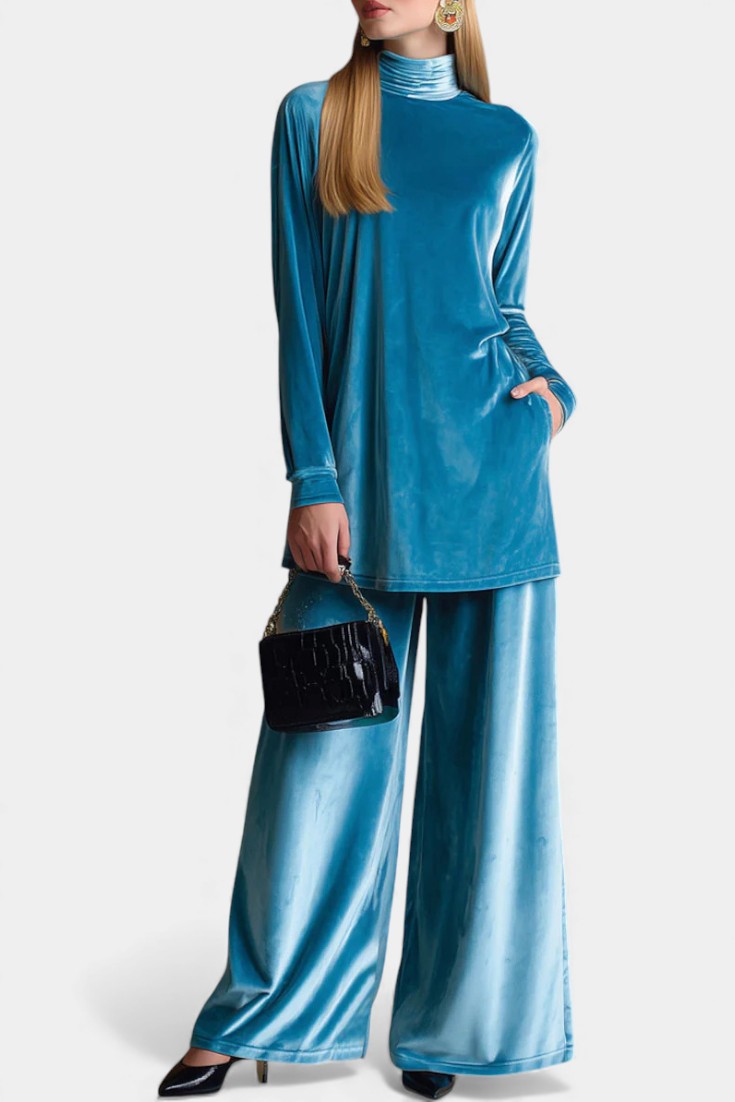 Tifenn Ensemble Haut et Pantalon Fendu en Velours à Col Montant