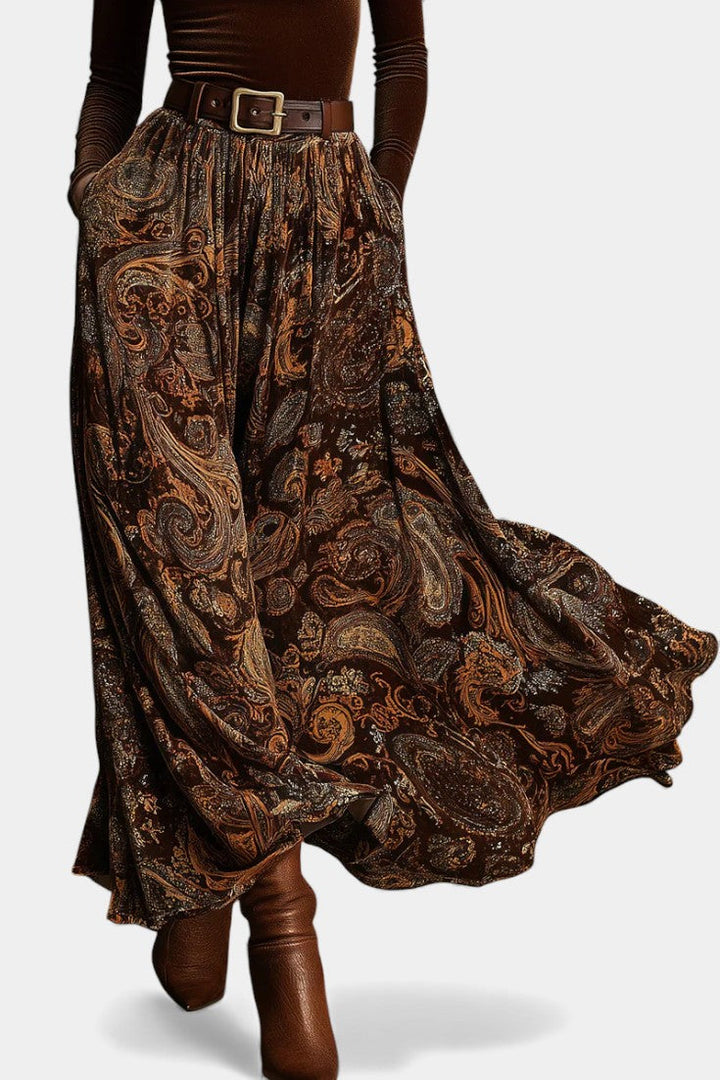 Liliya Ensemble Vintage en Velours Élastique & Jupe Maxi Imprimée Paisley