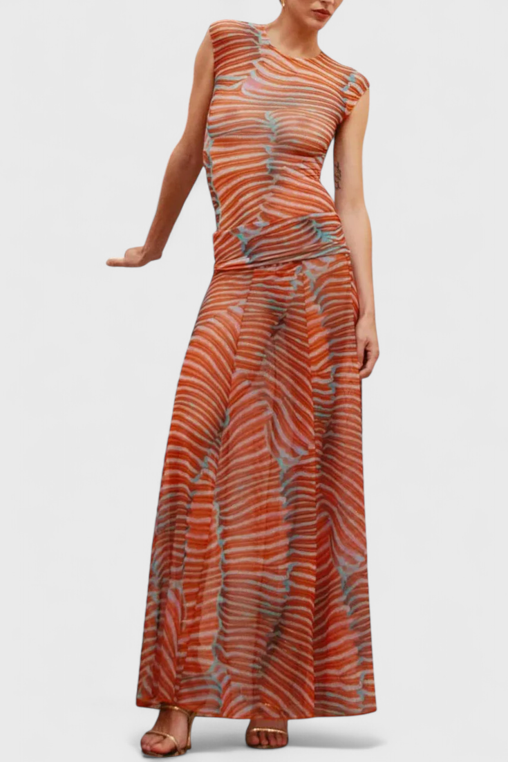 Silvina Ensemble en Maille à Imprimé Vagues Psychédéliques et Jupe Midi Fluide