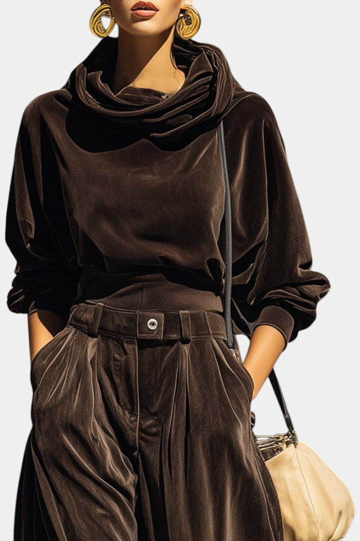 Riana Ensemble à Capuche et Pantalon Ample en Velours Brun Vintage