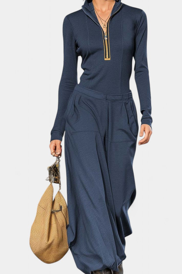 Azélina Ensemble Gris Foncé à Col Montant et Pantalons Amples