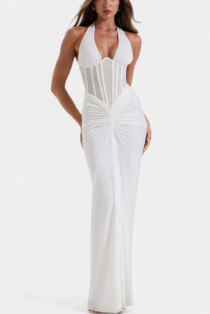 Angelina Ensemble Corset Halter en Maille et Jupe Maxi Froncée