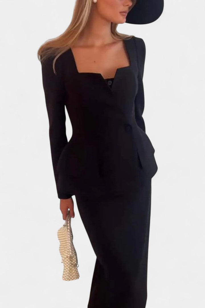 Édiline Ensemble Blazer à Col Carré et Jupe Longue
