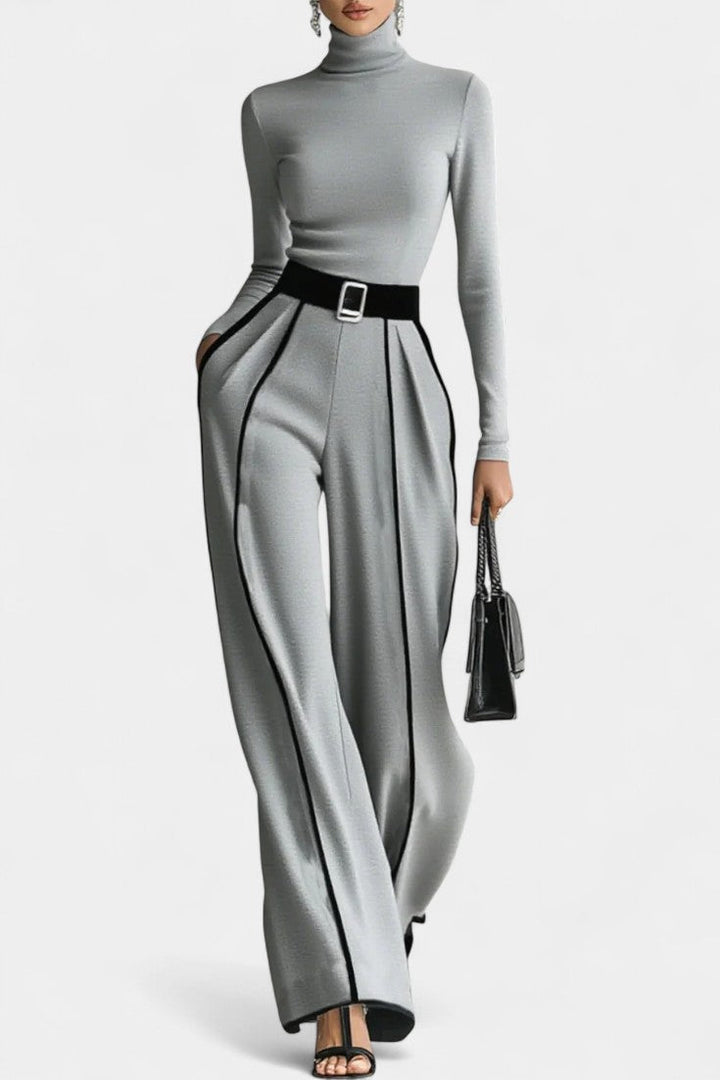 Kirralee Ensemble à Col Montant Contrasté et Pantalon à Jambes Larges