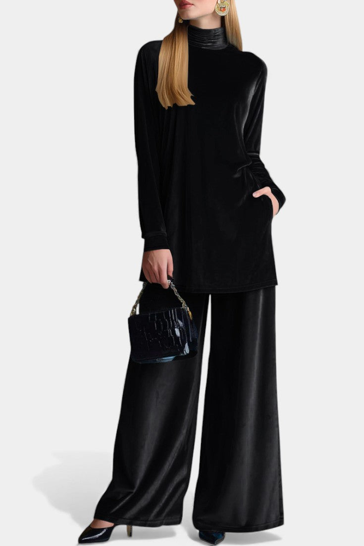 Tifenn Ensemble Haut et Pantalon Fendu en Velours à Col Montant