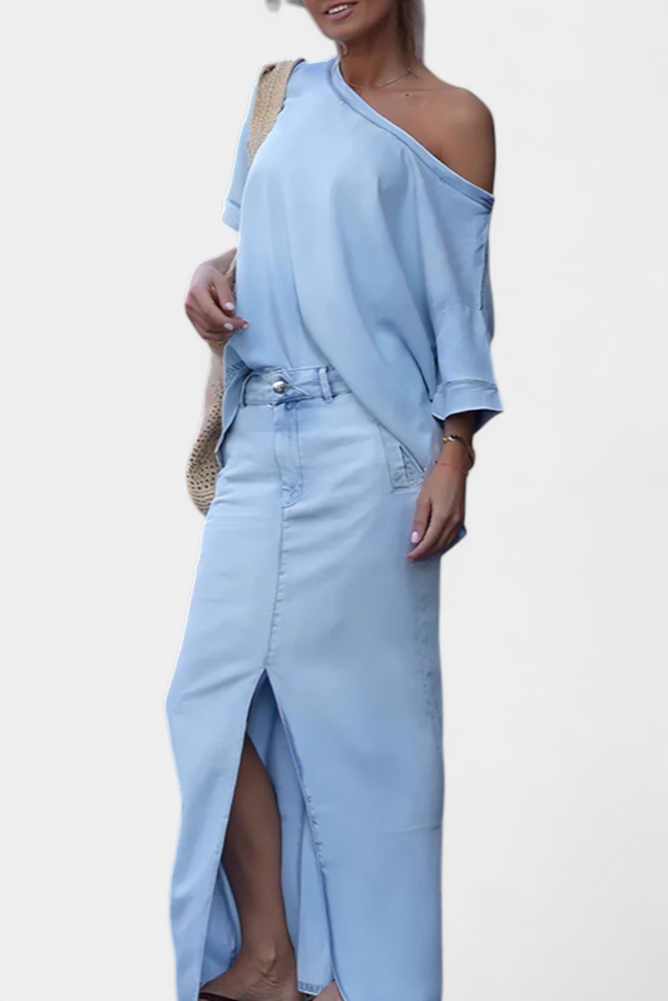 Apolonia Ensemble Asymétrique en Denim Structuré et Jupe Longue