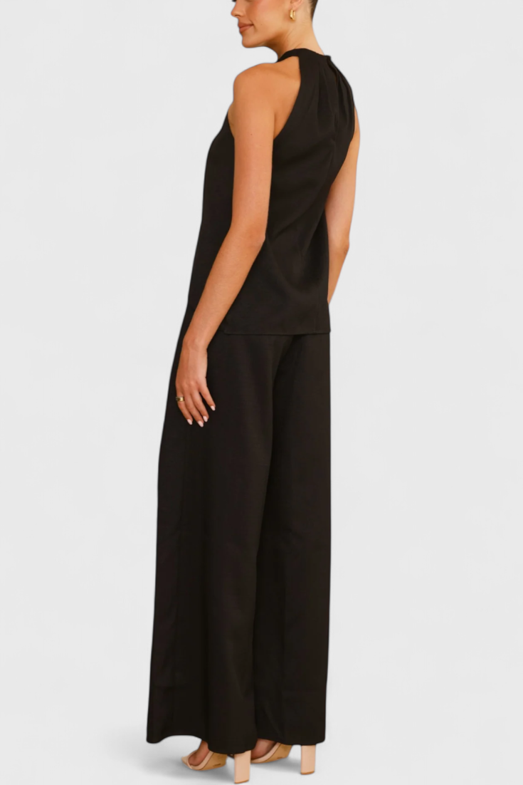 Ensemble en Lin Bernadina avec Top à Décolleté Avant et Pantalon à Jambes Amples