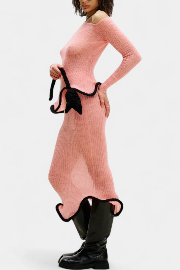 Stormi Ensemble Asymétrique en Tricot à Bords Volants et Jupe Midi Miroitée