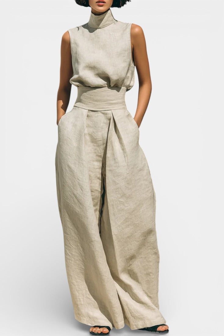 Darlene Ensemble Blouse Sans Manches et Pantalon Large en Mélange de Bambou
