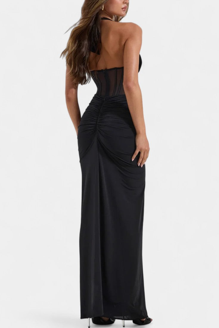 Angelina Ensemble Corset Halter en Maille et Jupe Maxi Froncée