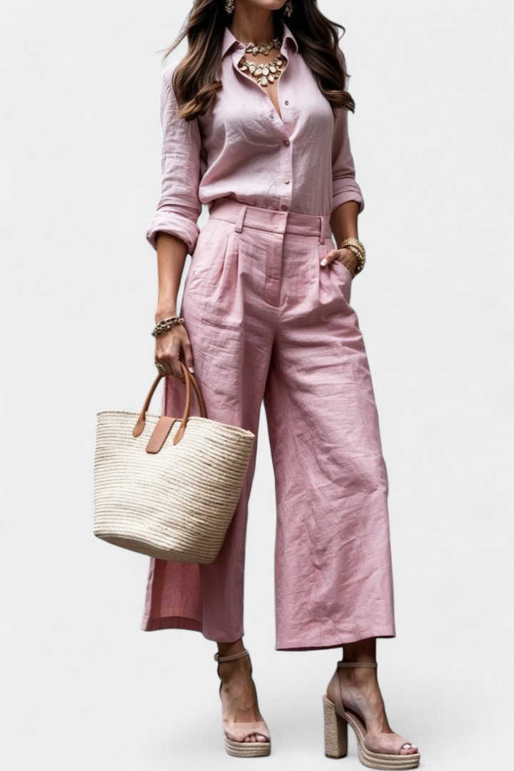 Sabina Ensemble Décontracté à Chemise Fluide et Pantalon Capri