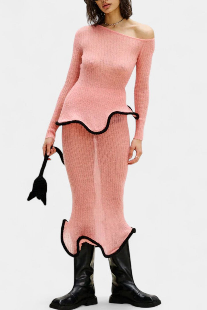Stormi Ensemble Asymétrique en Tricot à Bords Volants et Jupe Midi Miroitée