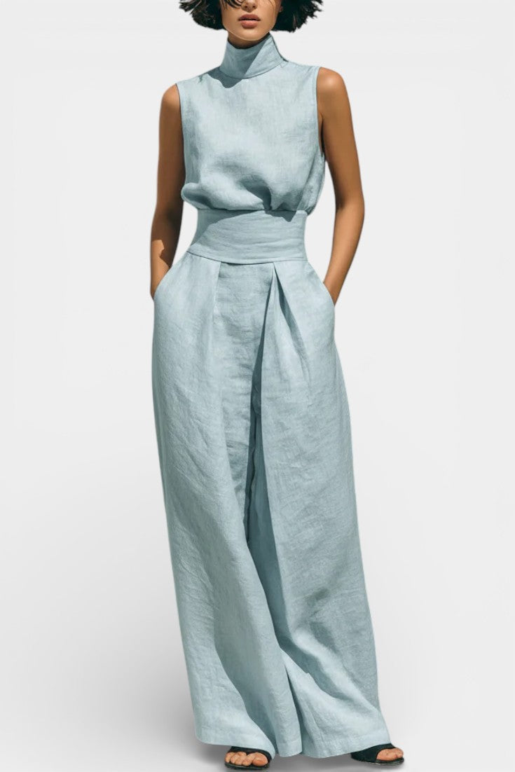 Darlene Ensemble Blouse Sans Manches et Pantalon Large en Mélange de Bambou