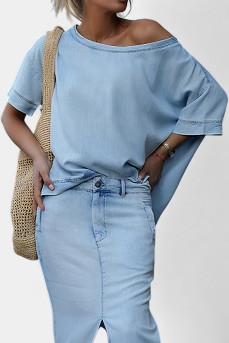 Apolonia Ensemble Asymétrique en Denim Structuré et Jupe Longue