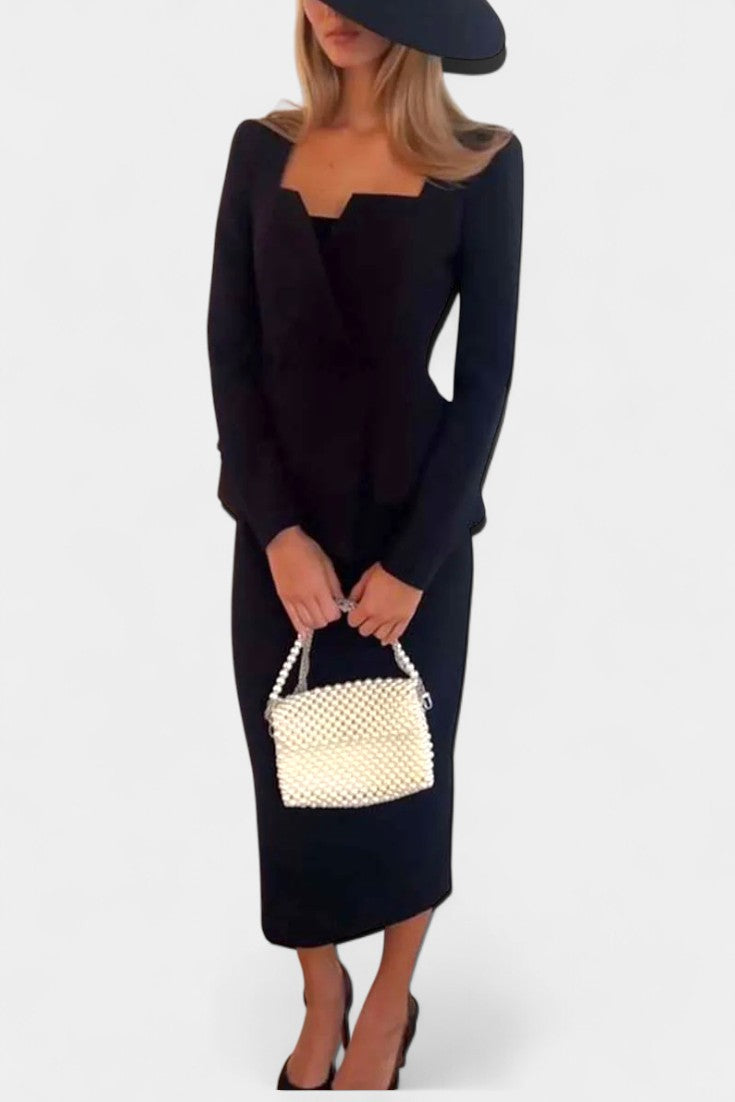 Édiline Ensemble Blazer à Col Carré et Jupe Longue