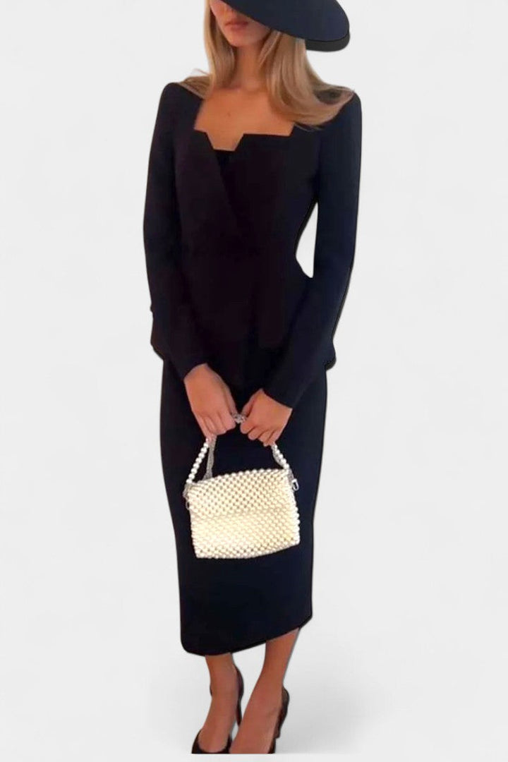 Édiline Ensemble Blazer à Col Carré et Jupe Longue