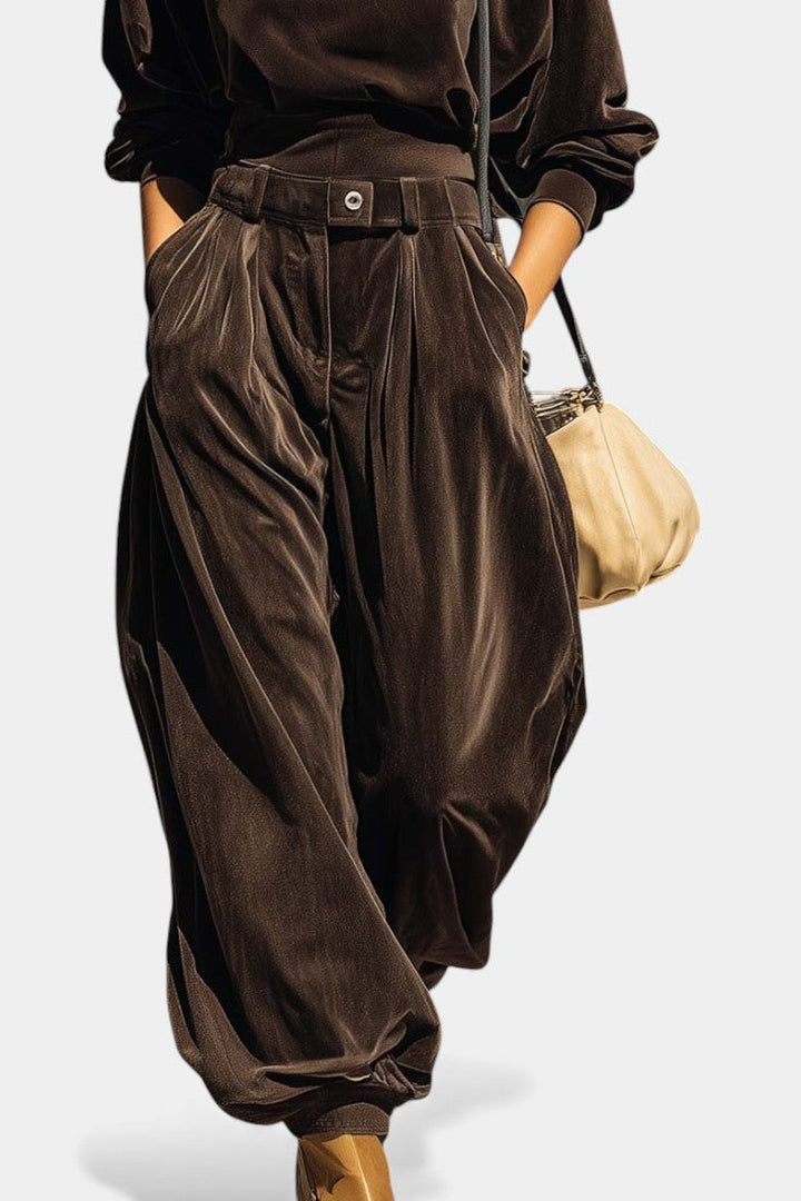 Riana Ensemble à Capuche et Pantalon Ample en Velours Brun Vintage